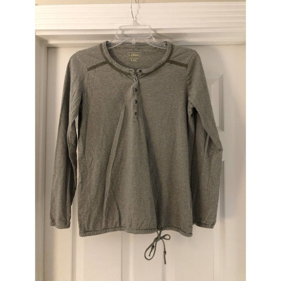 LL Bean women’s small green stripe partial button front drawstring hem henley - Picture 1 of 6